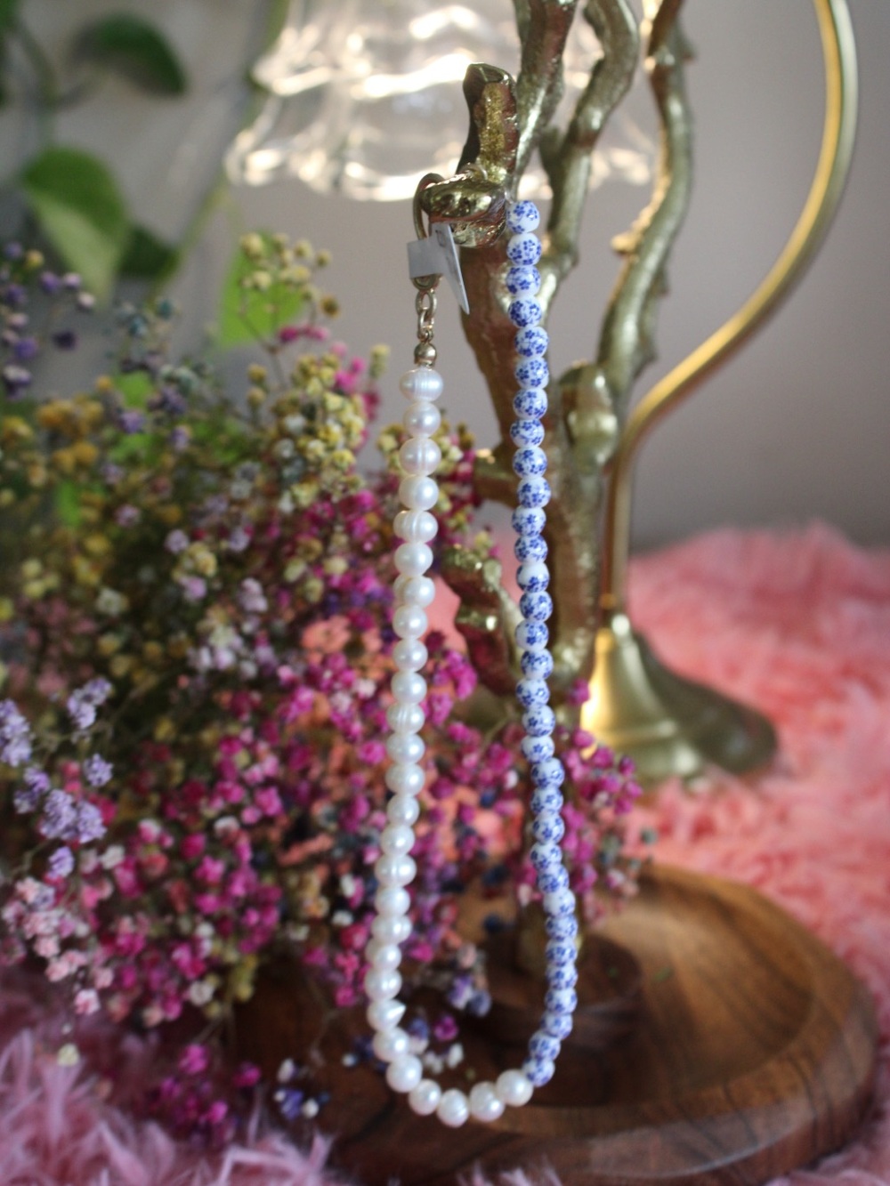 Free People Pearl & Blue Floral Porcelain Beaded Necklace NWT